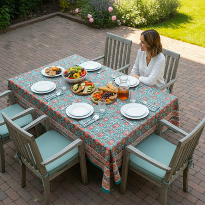Block Print Tablecloth Round, Cotton Boho Dining Table Cover, Handmade Linen