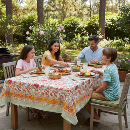 Handmade Floral Block Print Tablecloth, Cotton Table Cover, Vintage Boho Table Linen
