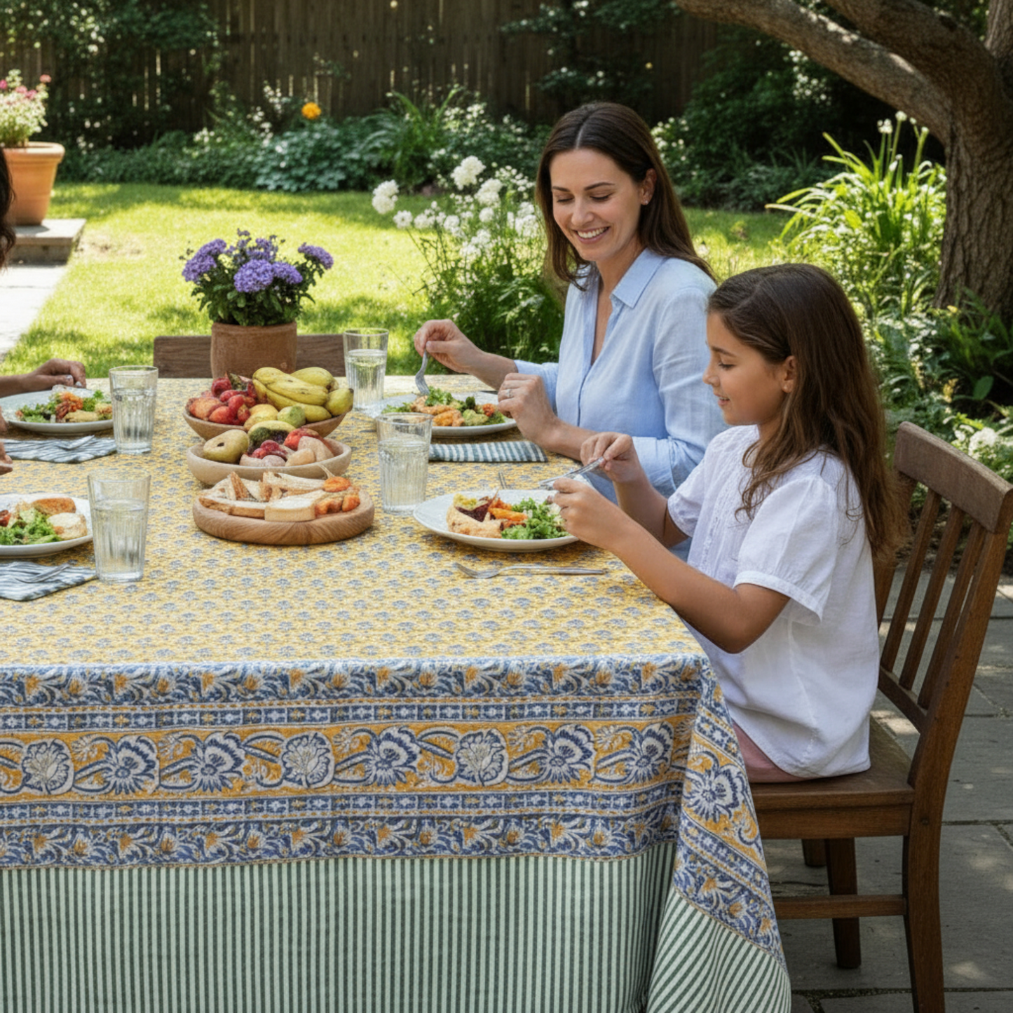 Cotton Tablecloth with Hand Block Print, Botanical Table Cover, Sustainable Dining Decor