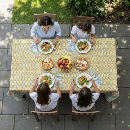 Cotton Tablecloth with Hand Block Print, Botanical Table Cover, Sustainable Dining Decor