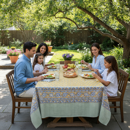 Cotton Tablecloth with Hand Block Print, Botanical Table Cover, Sustainable Dining Decor