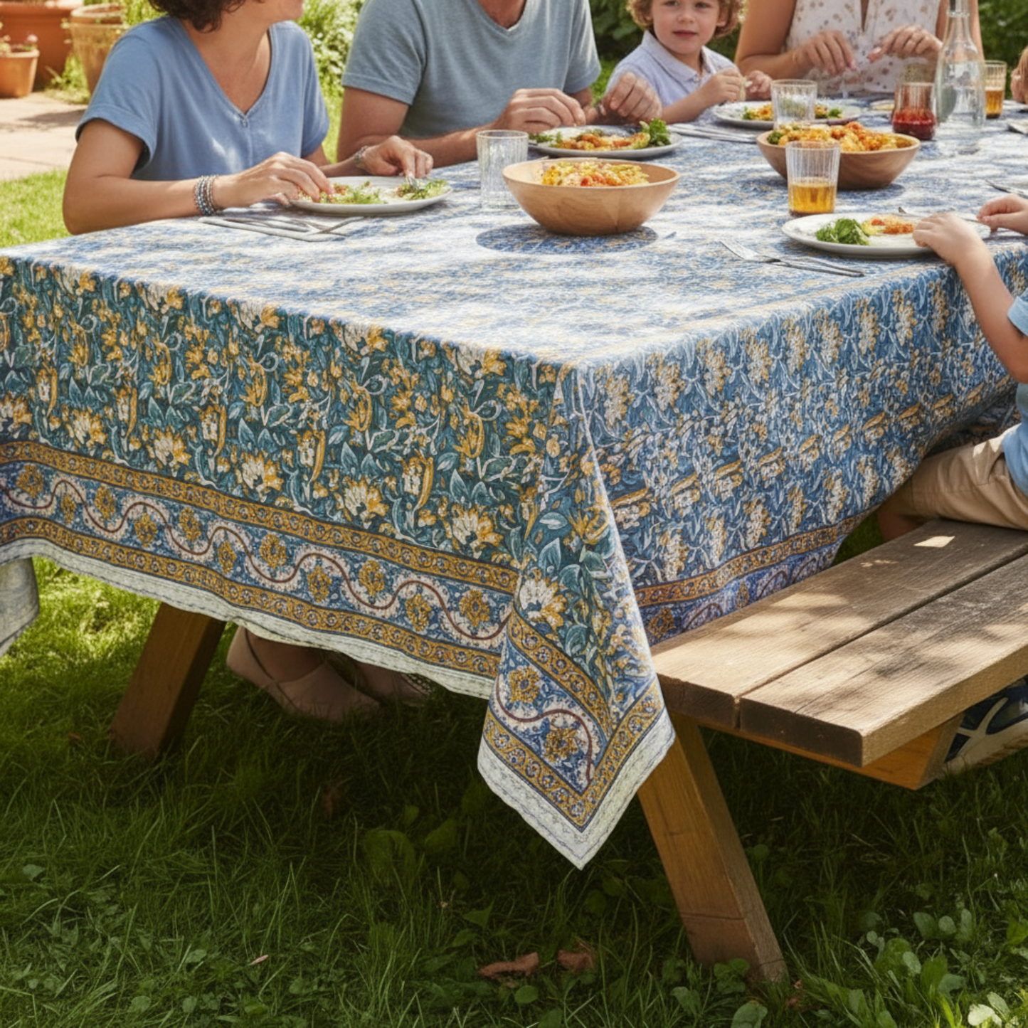 Floral Cotton Tablecloth Rectangle, Block Print Dining Linen, Farmhouse Table Decor