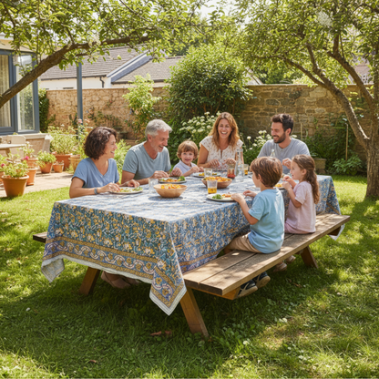 Floral Cotton Tablecloth Rectangle, Block Print Dining Linen, Farmhouse Table Decor