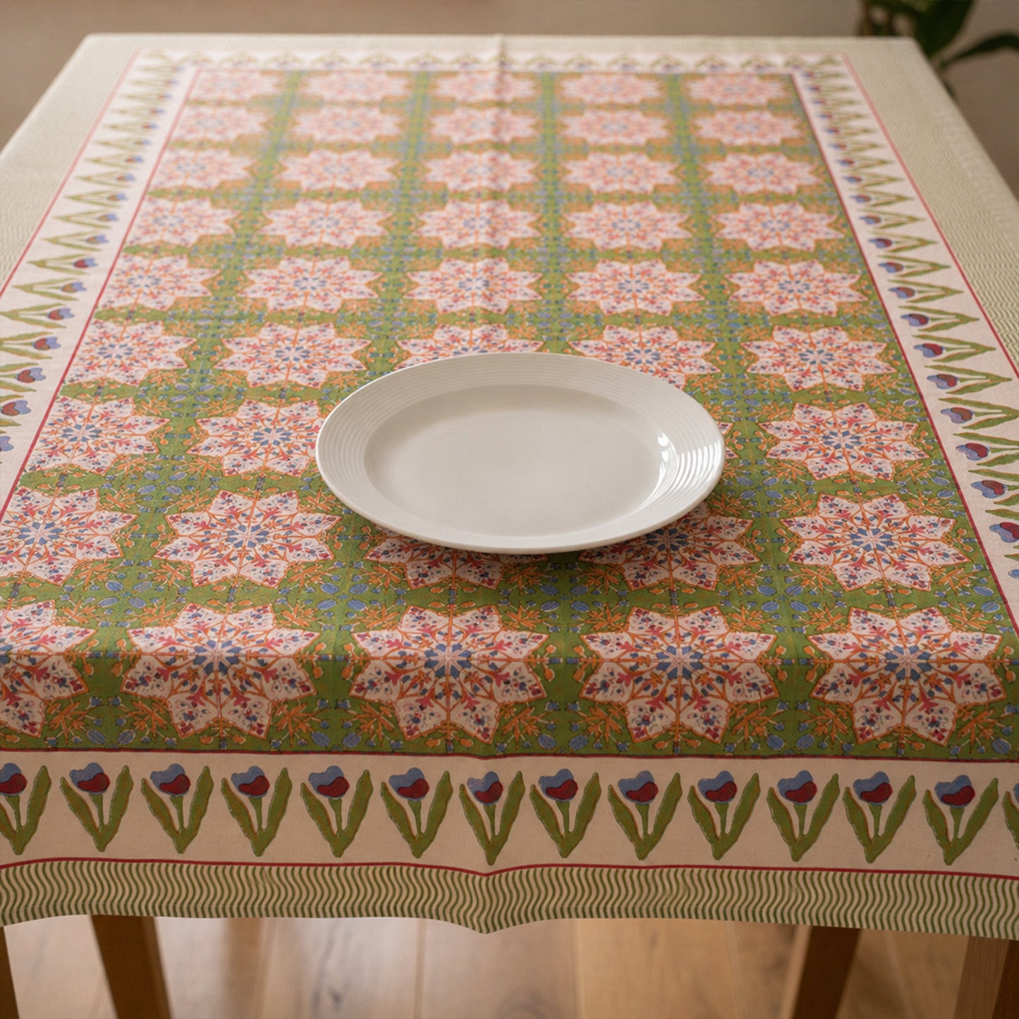 Handcrafted Cotton Tablecloth with Vintage Inspired Block Prints - 60x90