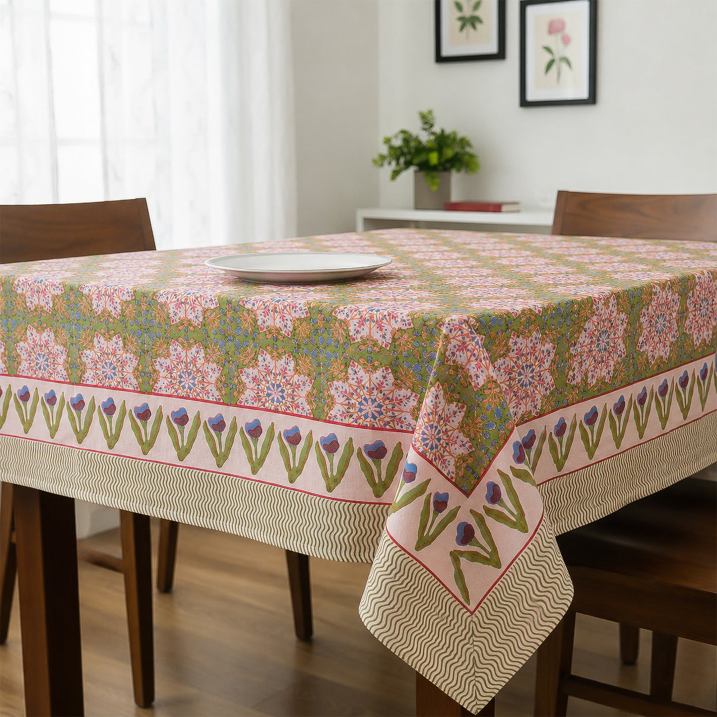 Handcrafted Cotton Tablecloth with Vintage Inspired Block Prints - 60x90