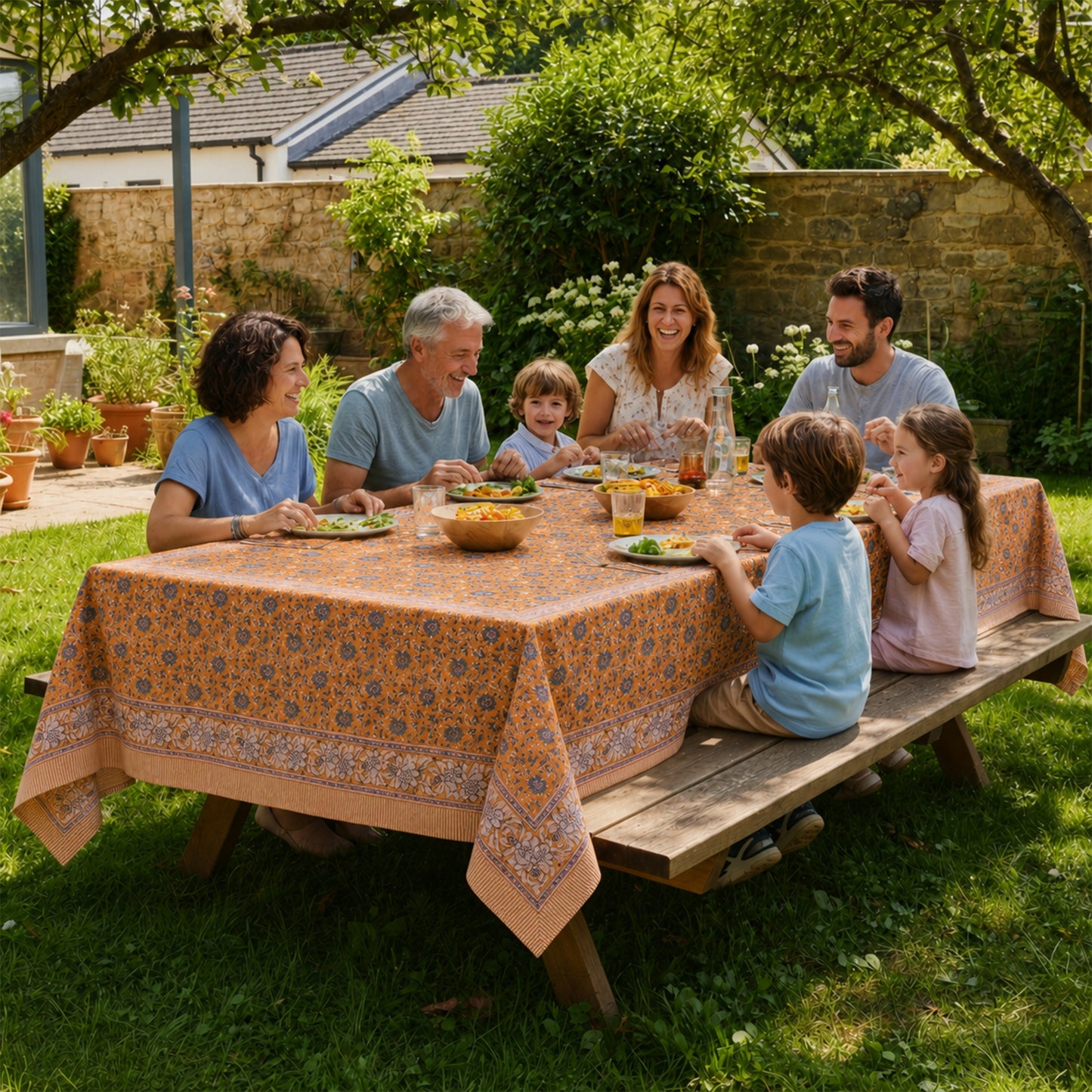 Floral Block Print Cotton Tablecloth for Modern Dining Spaces - 60x90