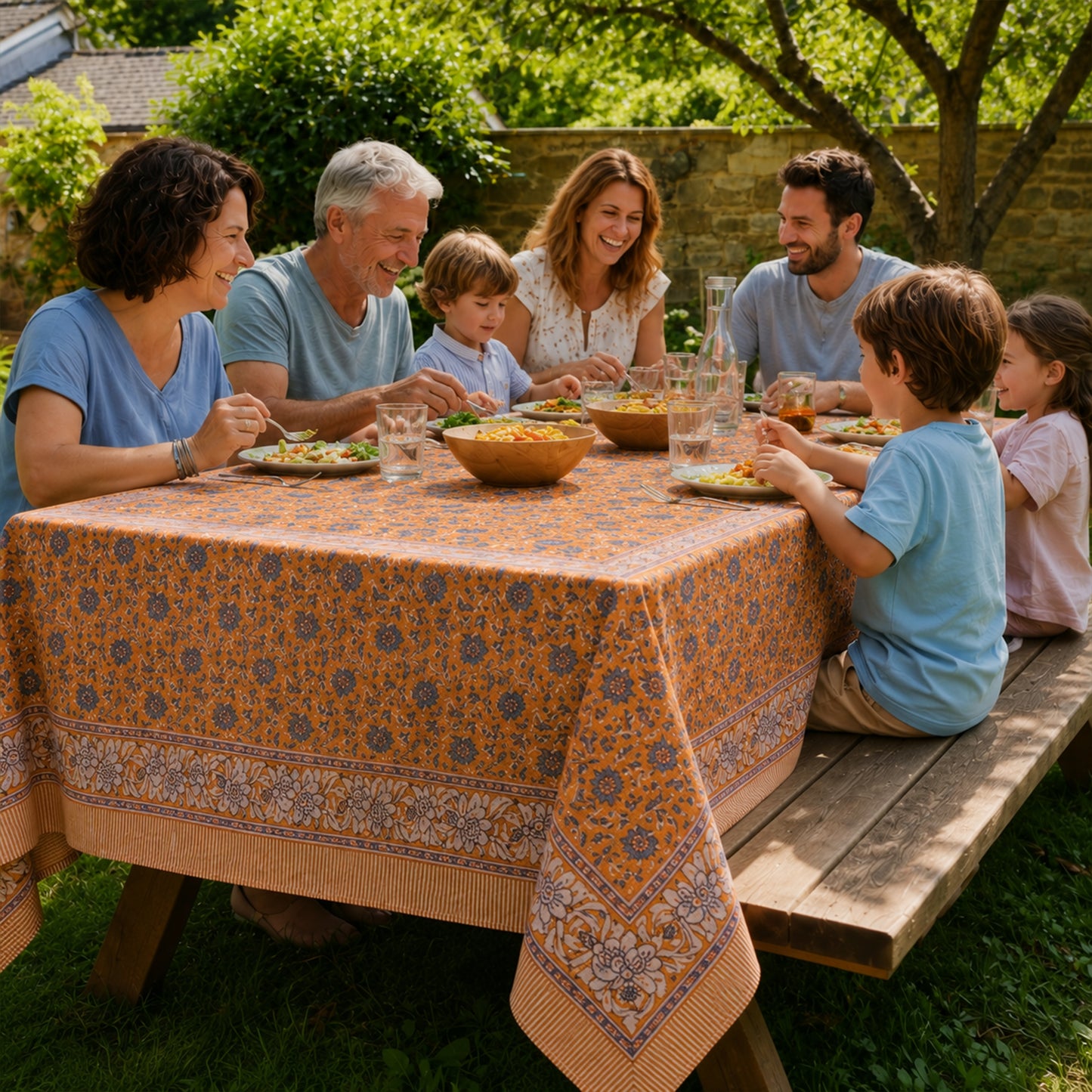 Floral Block Print Cotton Tablecloth for Modern Dining Spaces - 60x90