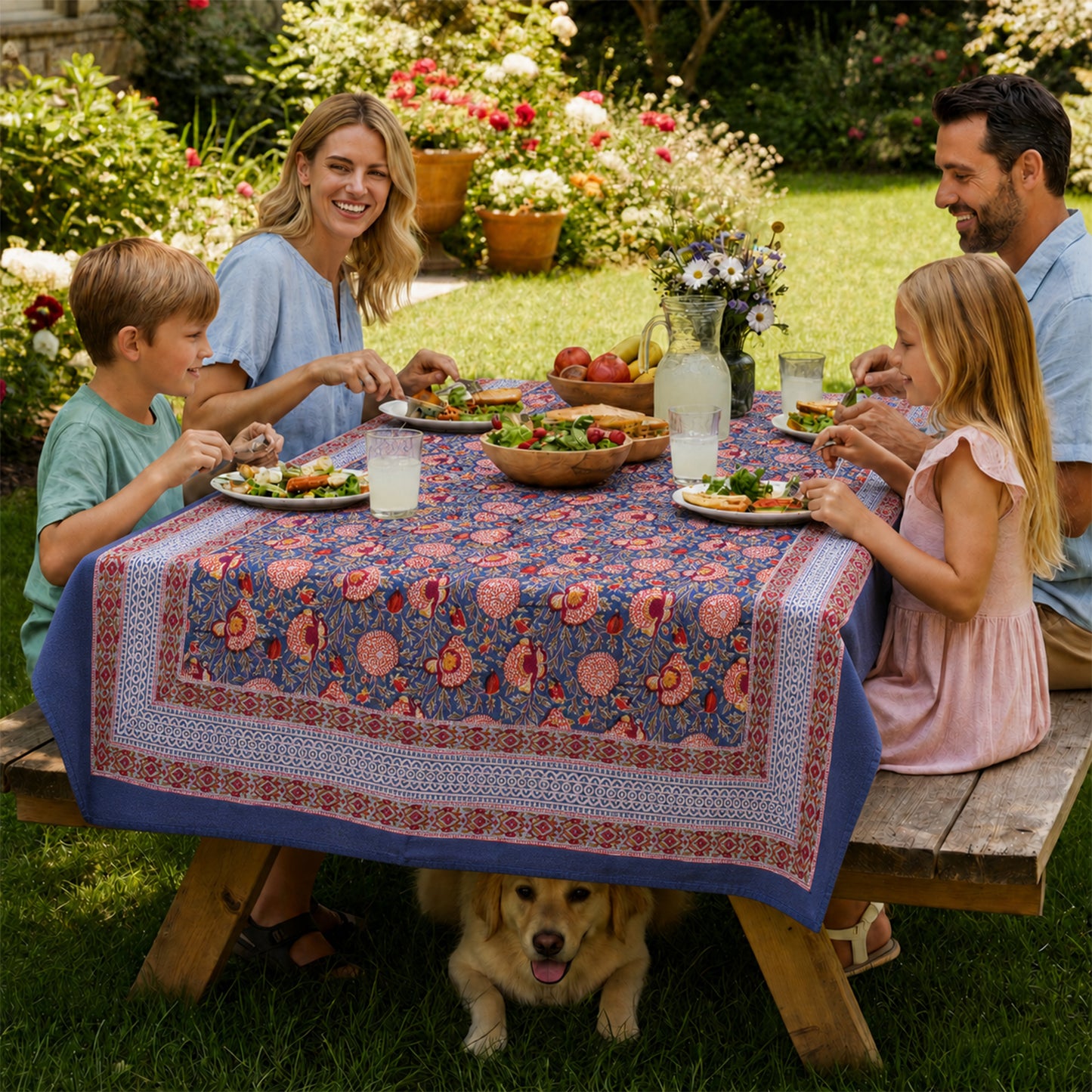 Elegant Floral Dining Table Cover in Hand Block Printed Cotton - 60x90