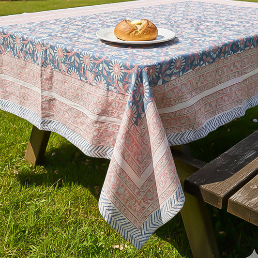 Boho Cotton Tablecloth Block Print, Vintage Floral Table Cover, Handcrafted Dining Linen, Eco-Friendly Home Decor
