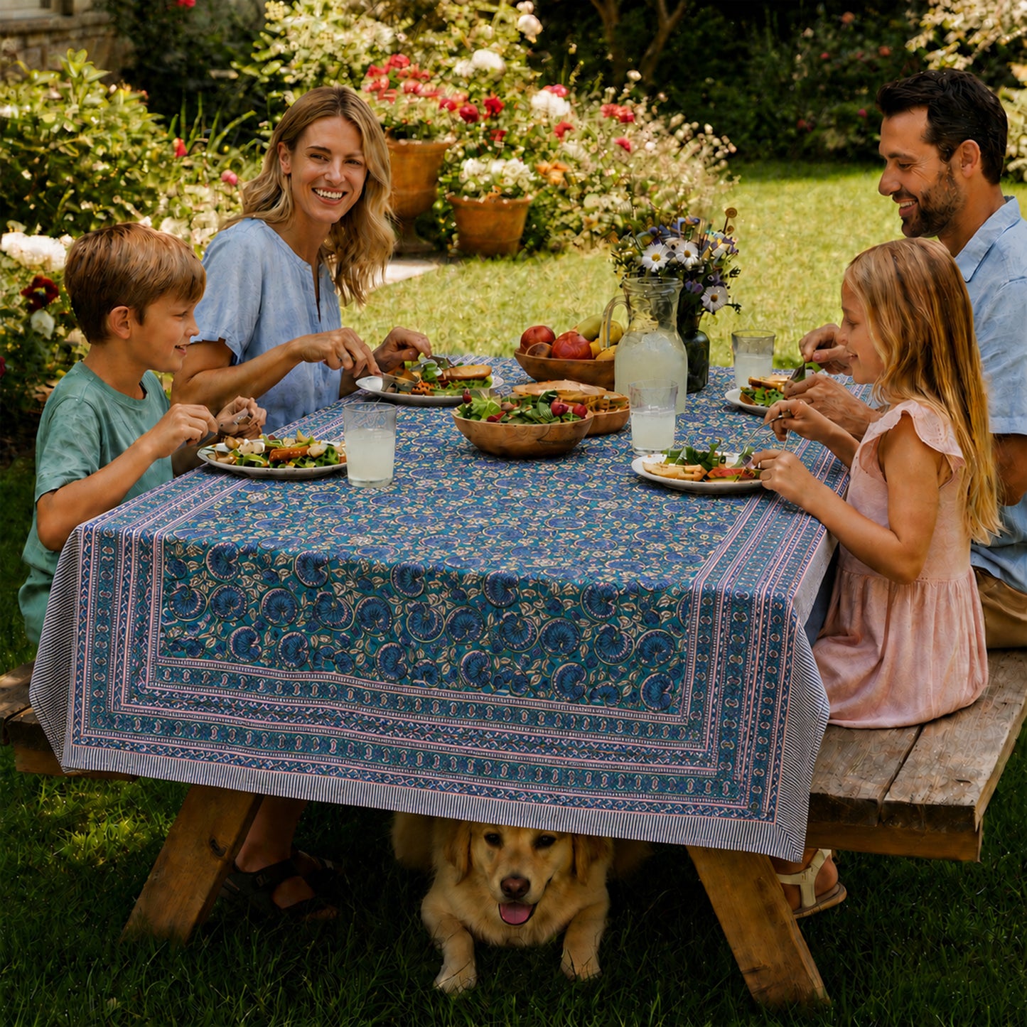 Floral Block Print Table Cover – Soft Cotton Dining Tablecloth - 60x90