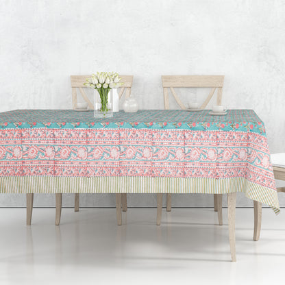Floral Block Print Tablecloth, Cotton Dining Table Cover, Bohemian Home Decor, Handmade Kitchen Table Linen
