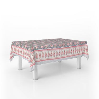 Hand Block Printed Cotton Tablecloth, Botanical Print Dining Table Cover, Modern Boho Farmhouse Decor