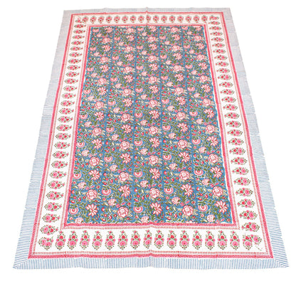 Hand Block Printed Cotton Tablecloth, Botanical Print Dining Table Cover, Modern Boho Farmhouse Decor