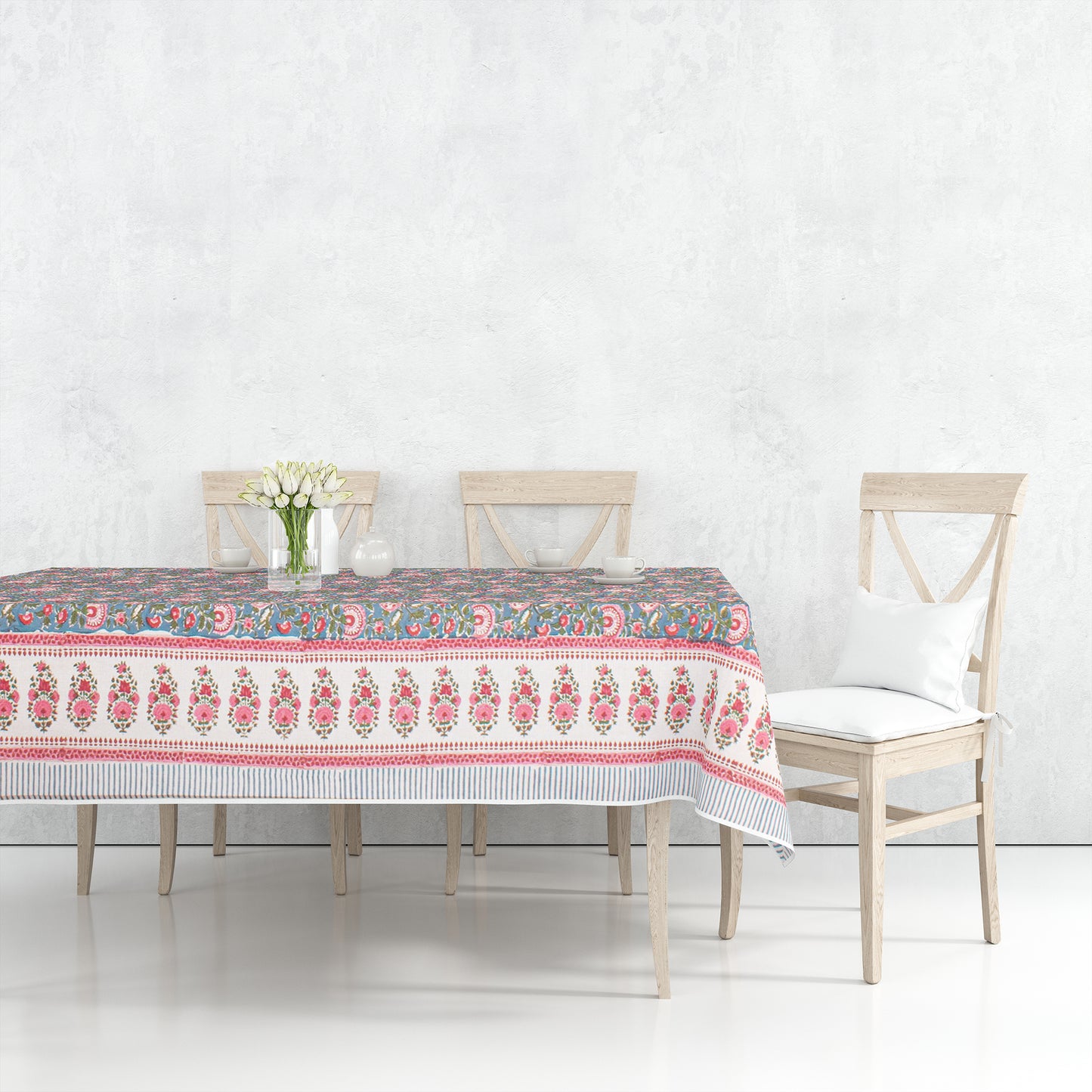 Hand Block Printed Cotton Tablecloth, Botanical Print Dining Table Cover, Modern Boho Farmhouse Decor