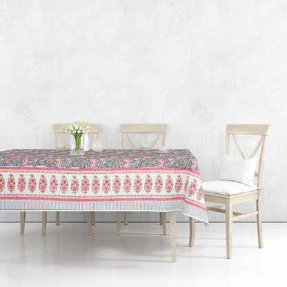 Hand Block Printed Cotton Tablecloth, Botanical Print Dining Table Cover, Modern Boho Farmhouse Decor