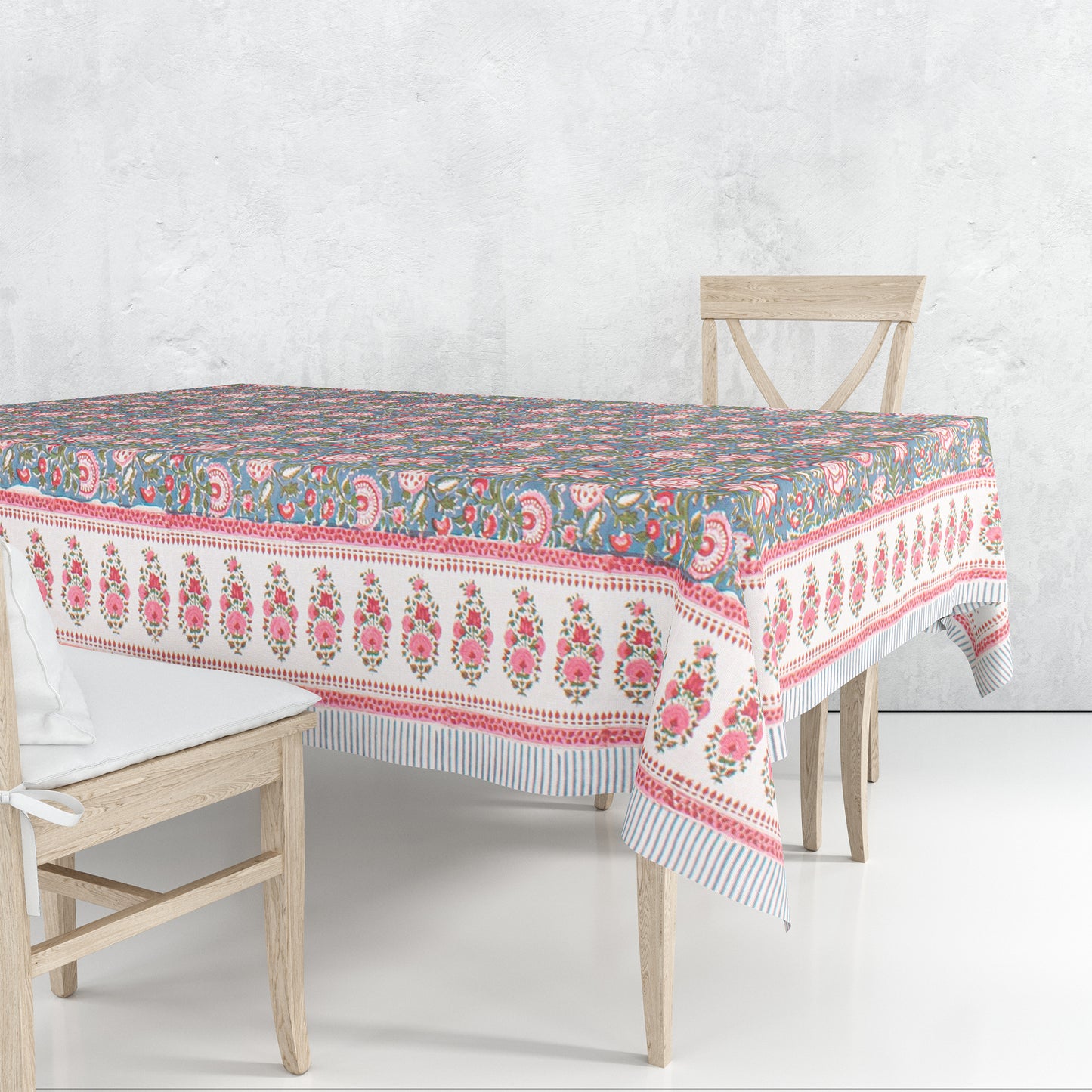 Hand Block Printed Cotton Tablecloth, Botanical Print Dining Table Cover, Modern Boho Farmhouse Decor