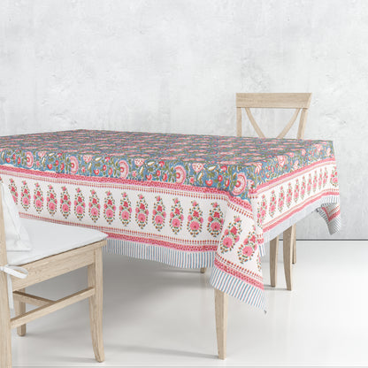 Hand Block Printed Cotton Tablecloth, Botanical Print Dining Table Cover, Modern Boho Farmhouse Decor