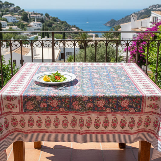 Hand Block Printed Cotton Tablecloth, Botanical Print Dining Table Cover, Modern Boho Farmhouse Decor