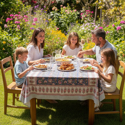 Hand Block Printed Cotton Tablecloth, Botanical Print Dining Table Cover, Modern Boho Farmhouse Decor