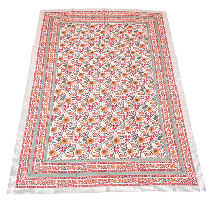 Cotton Tablecloth Block Print, Floral Hand Printed Table Cover, Eco-Friendly Dining Room Textile