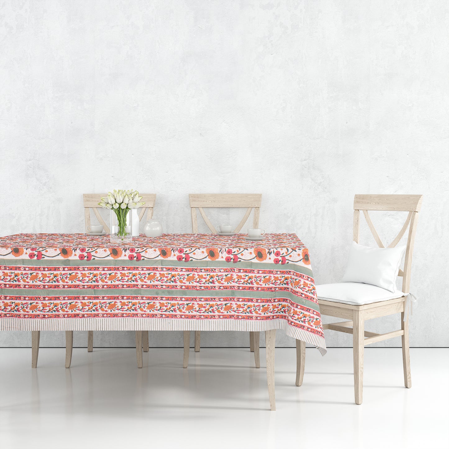 Cotton Tablecloth Block Print, Floral Hand Printed Table Cover, Eco-Friendly Dining Room Textile