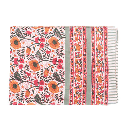 Cotton Tablecloth Block Print, Floral Hand Printed Table Cover, Eco-Friendly Dining Room Textile