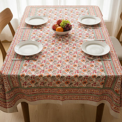 Cotton Tablecloth Block Print, Floral Hand Printed Table Cover, Eco-Friendly Dining Room Textile