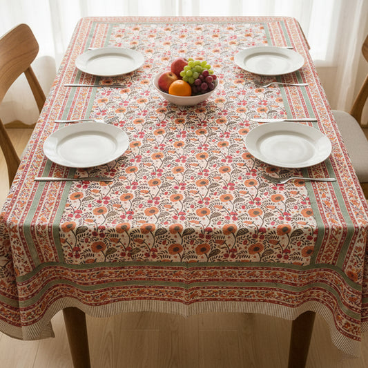 Cotton Tablecloth Block Print, Floral Hand Printed Table Cover, Eco-Friendly Dining Room Textile