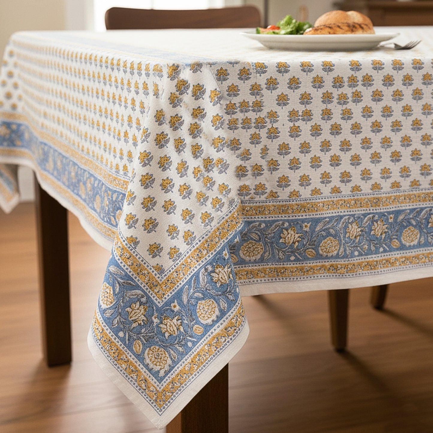 Block Print Cotton Tablecloth Rectangle, Handmade Floral Table Cover, Boho Chic Dining Decor, Soft Cotton Table Linen