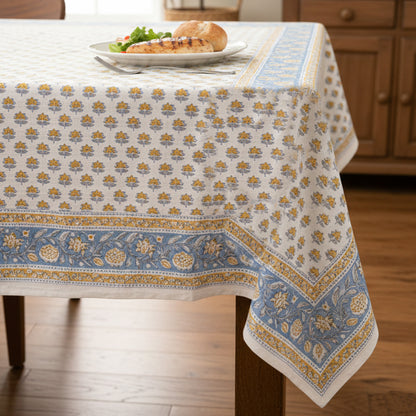 Block Print Cotton Tablecloth Rectangle, Handmade Floral Table Cover, Boho Chic Dining Decor, Soft Cotton Table Linen