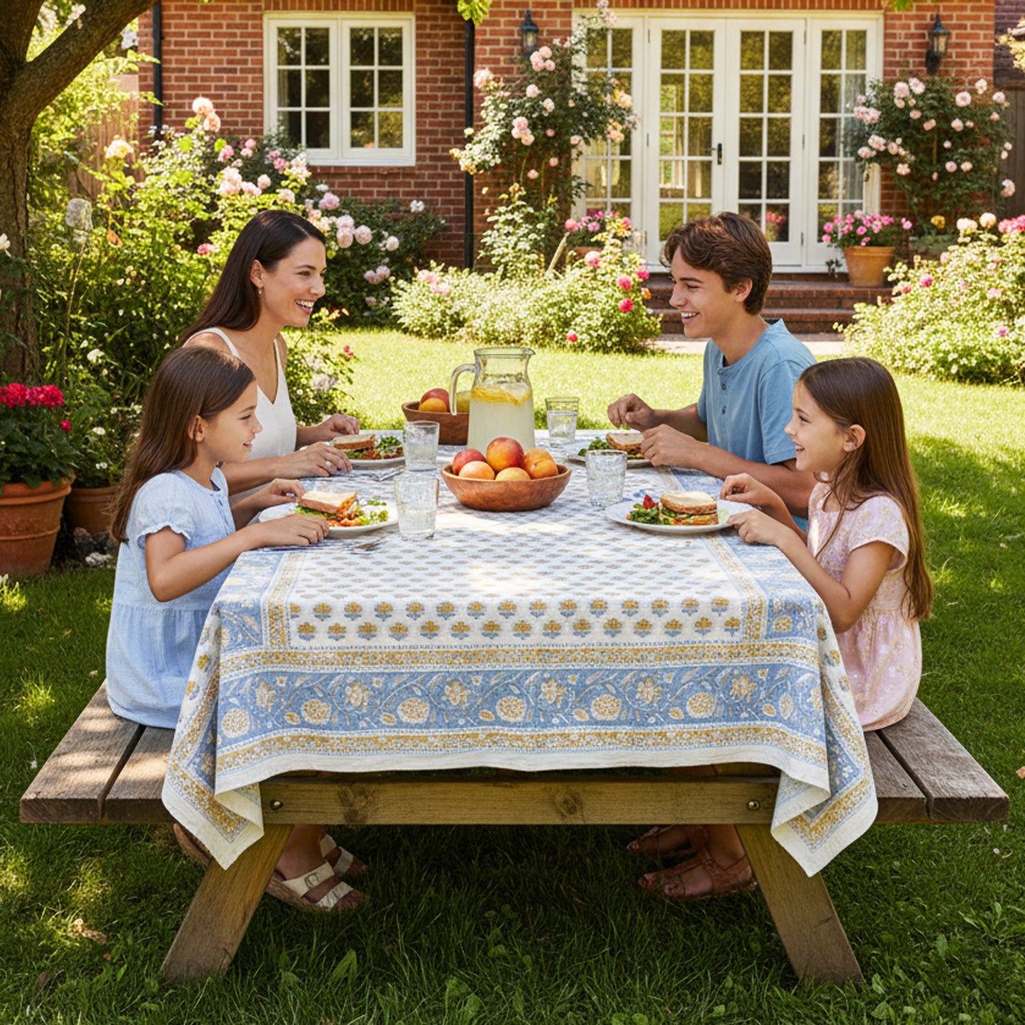 Block Print Cotton Tablecloth Rectangle, Handmade Floral Table Cover, Boho Chic Dining Decor, Soft Cotton Table Linen