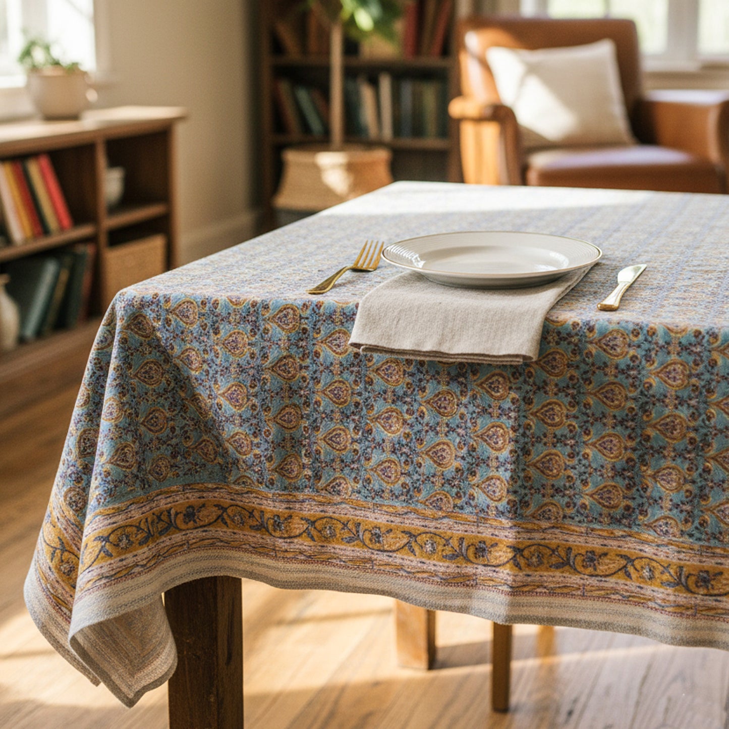 Hand Block Print Cotton Tablecloth, Boho Floral Table Cover, Handmade Dining Room Decor