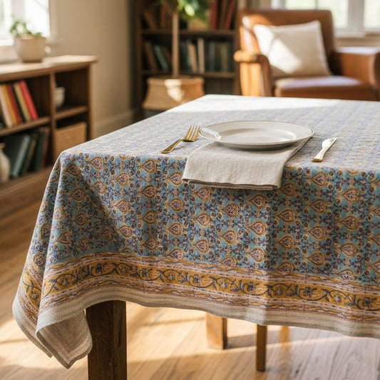 Hand Block Print Cotton Tablecloth, Boho Floral Table Cover, Handmade Dining Room Decor