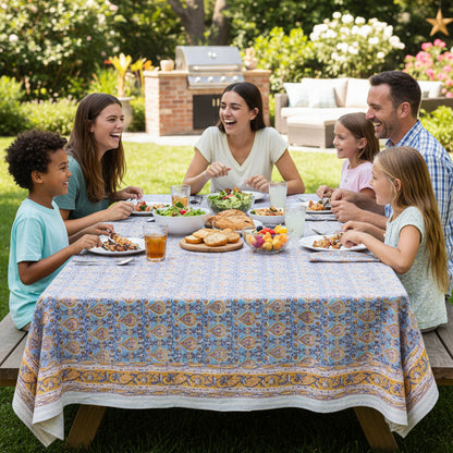 Hand Block Print Cotton Tablecloth, Boho Floral Table Cover, Handmade Dining Room Decor