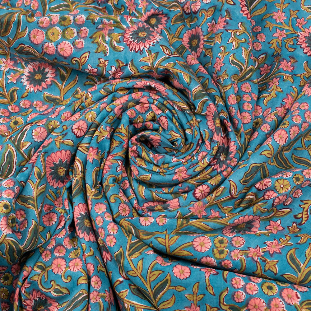 Light Blue Handmade Block Print Cotton Fabric