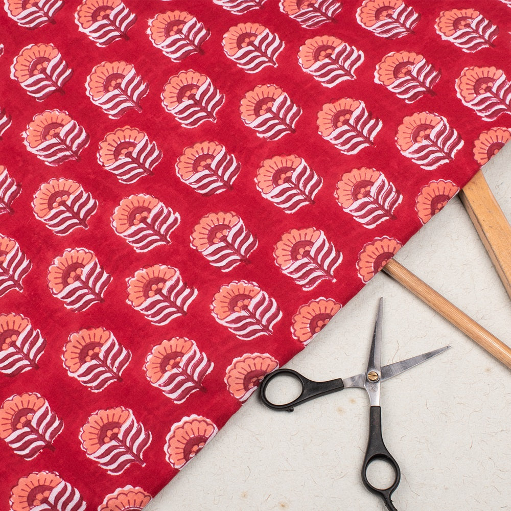 Hand Block Printed Cotton Floral Red Fabric