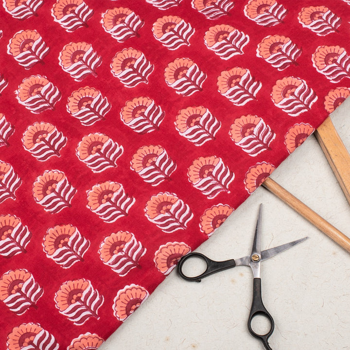 Hand Block Printed Cotton Floral Red Fabric