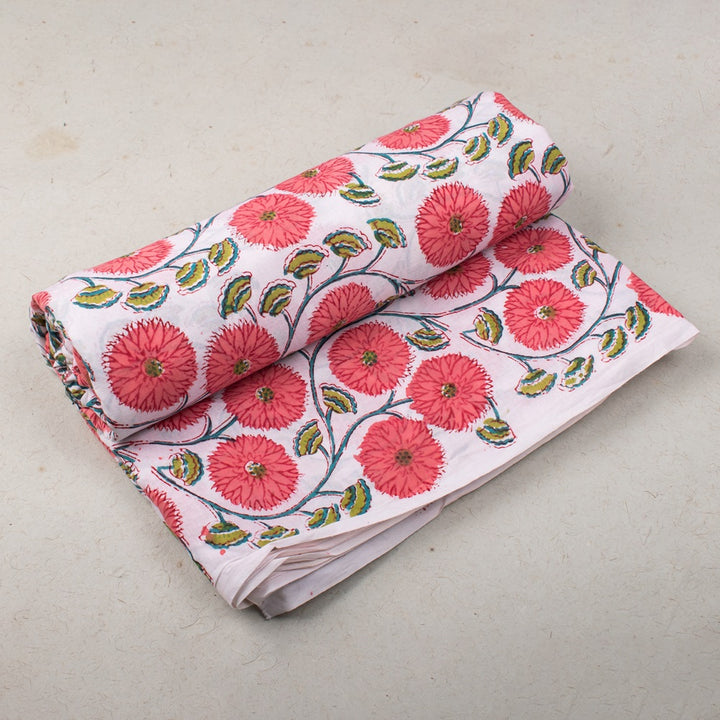 Hand Block Printed Flower Pattern Gray Fabric
