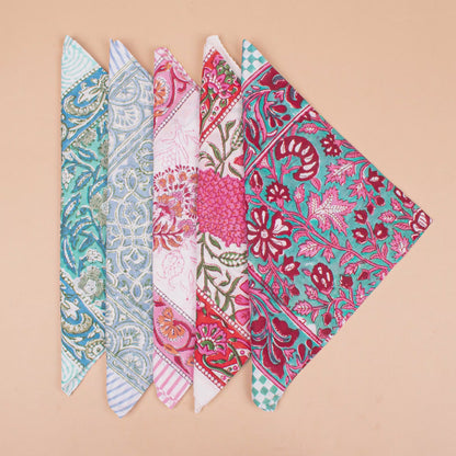 Set of 5 - Organic Paisley Cotton Bandana, Hand Block Printed Summer Scarf, Boho Unisex Wrap For Hair Or Neck, Thoughtful Handmade Gift Idea