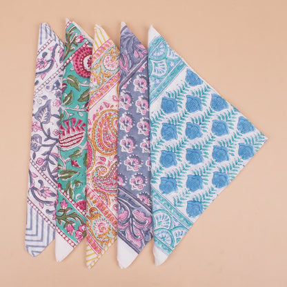 Set of 5 - Cotton Bandana With Hand Block Paisley Print, Reusable Headwrap Or Neckerchief For Summer, Boho Style Gift For All, Accessory For Bikers & Pet