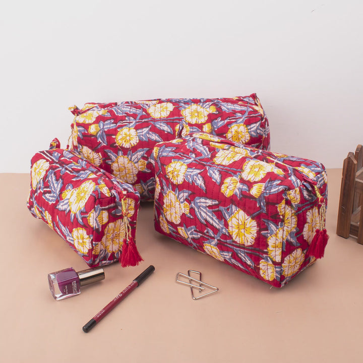 Set of 3 – Floral Makeup Bag | Cotton Cosmetic Pouch &amp; Organizer