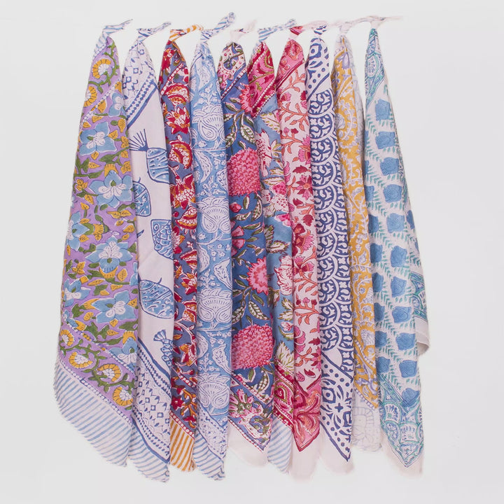 Set of 10 – Hand Block Cotton Bandanas | Hair Scarf &amp; Neck Wrap