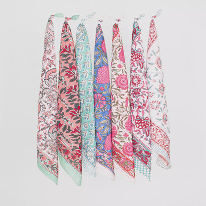 Set of 7 - Handmade Block Printed Cotton Bandana, Boho Paisley Scarf, Organic Fabric Neck Or Hair Wrap, Unisex Lightweight Accessory, Eco-Friendly Gift