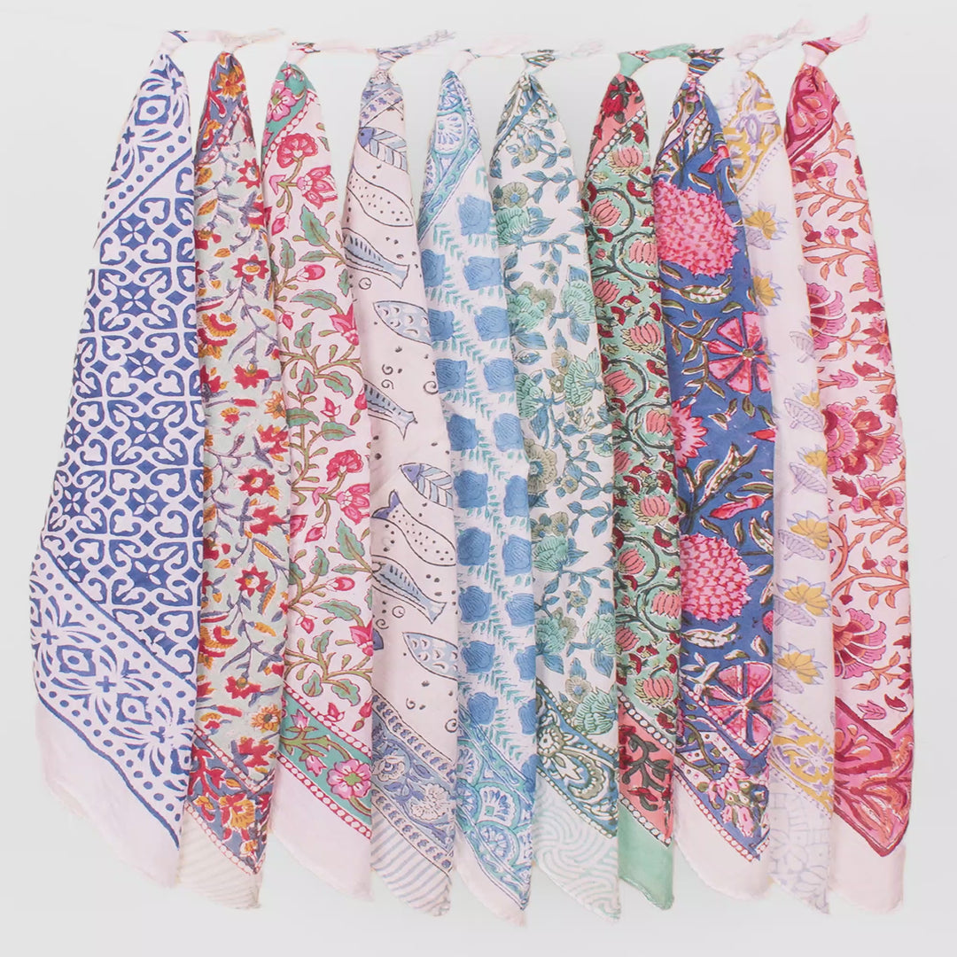 Set of 10 – Hand Block Cotton Bandanas | Head Scarf &amp; Hair Wrap