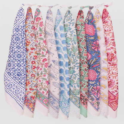 Set of 10 - Hand Block Print Cotton Bandana | Lightweight Hair Scarf and Stylish Fashion Accessory