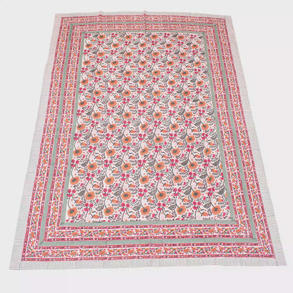 Cotton Tablecloth Block Print, Floral Hand Printed Table Cover, Eco-Friendly Dining Room Textile