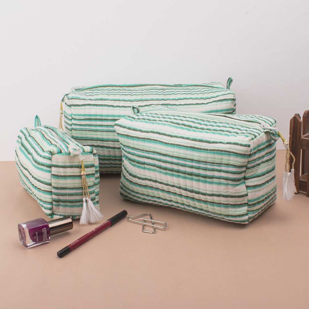 Set of 3 – Quilted Makeup Bag | Cotton Cosmetic Pouch &amp; Organizer