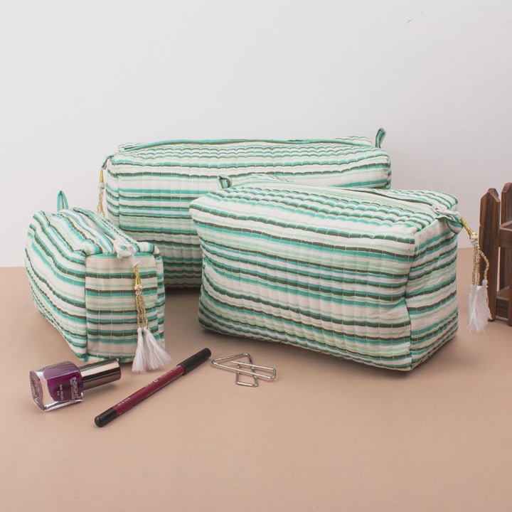 Set of 3 – Quilted Makeup Bag | Cotton Cosmetic Pouch &amp; Organizer