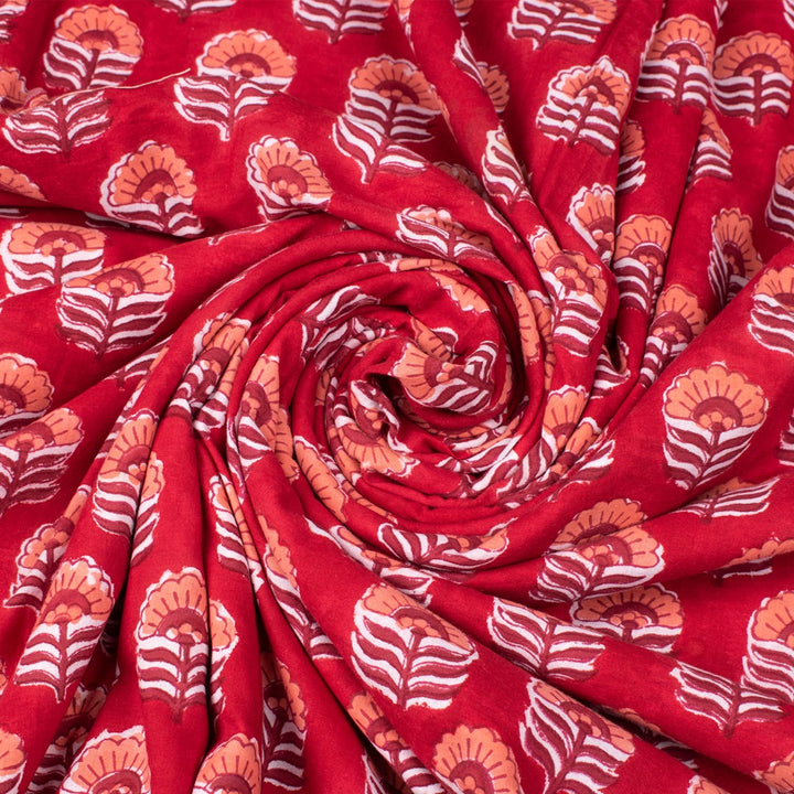 Hand Block Printed Cotton Multi Red Fabric